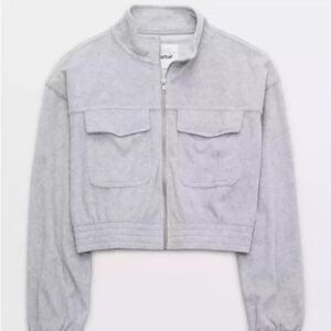 Aerie Groove-On Velour Full Zip Jacket, Light Gray, Size S